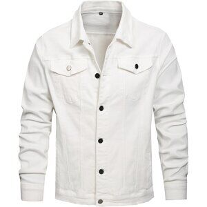 Men's Jean Jacket Distressed Slim Denim Jacket Long Sleeves Button Down White